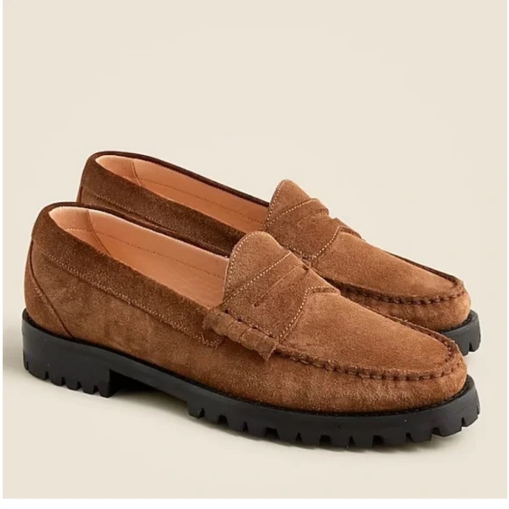 J Crew Winona Lug Sole Brown Suede Penny Loafers Size 8 1/2